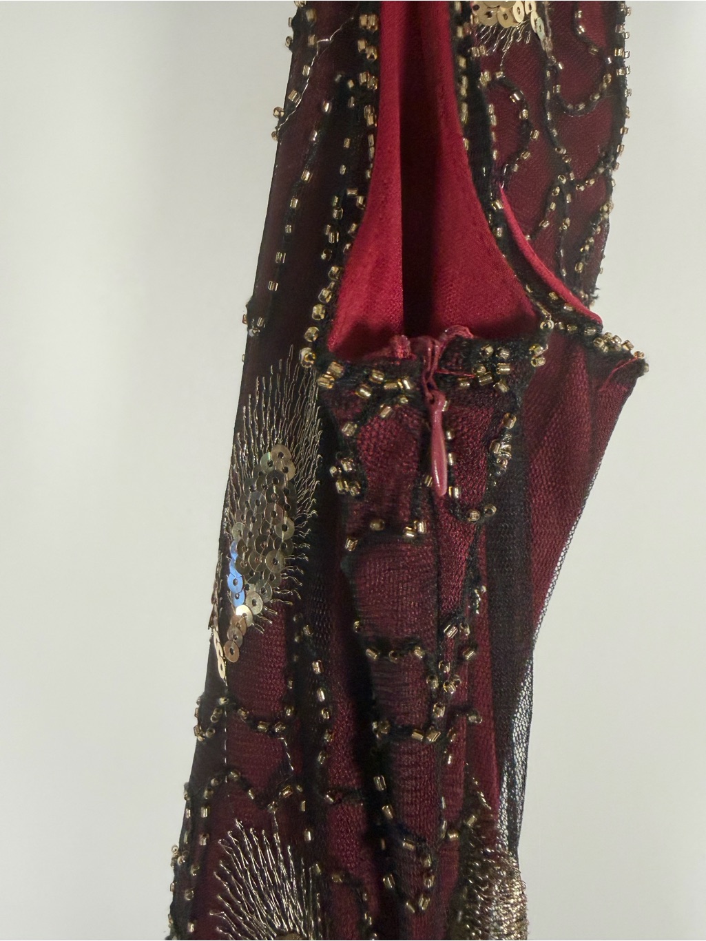Embellished Burgundy Irregular Tassel Hem Peacock Dress - 20s Inspired, Flapper — image 7 of 8